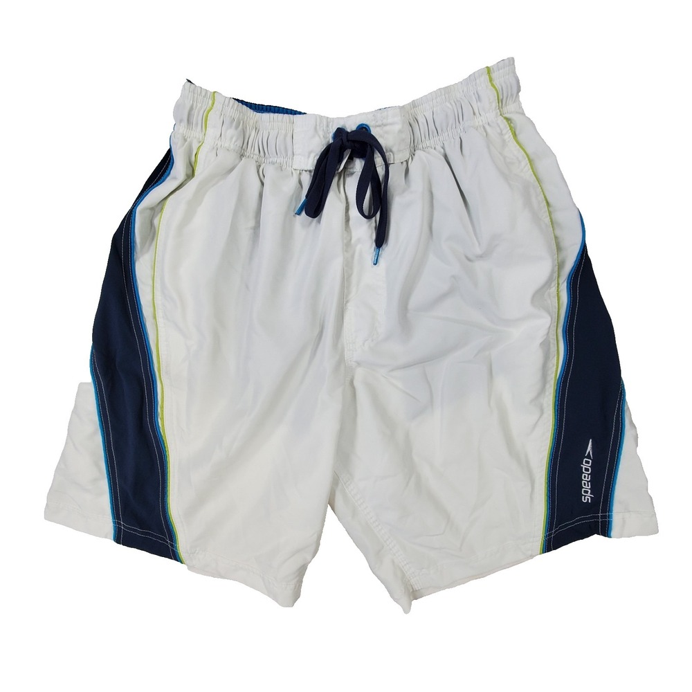 Speedo Mens Swim Trunks Shorts White Blue Lined Elastic Waist Drawstring